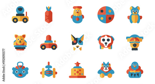 Colorful cartoon childrens toys collection with various animals vehicles and abstract shapes in a playful flat design.