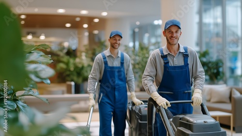 Wallpaper Mural Professional cleaning crew in uniforms using industrial equipment to clean a large modern office building lobby, perfect for commercial cleaning service, janitorial industry, professional hygiene, Torontodigital.ca