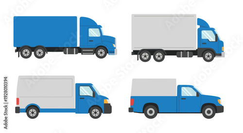 Collection of Blue Delivery Trucks: Semi-Truck Box Truck Van and Pickup Truck.
