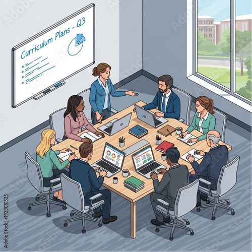 Business meeting with team discussing curriculum plans on whiteboard in modern office.