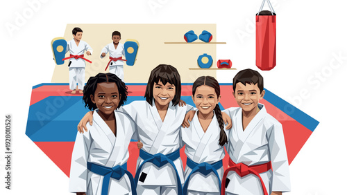 group of diverse children in karate uniforms with belts smiling in dojo with training equipment in background