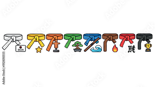 set of colorful hand drawn martial arts belts with related icons in line art style