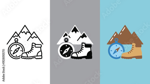 Hiking Boot and Compass Icon Set on Various Backgrounds