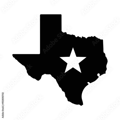 Black silhouette map of the state of Texas with a prominent white star centrally located, representing the Lone Star State.