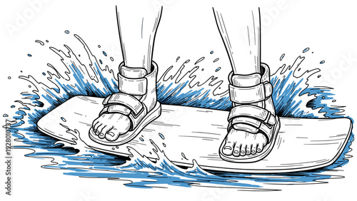 person standing on wakeboard splashing water hand drawn vector illustration