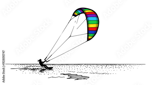 silhouette of a person kite surfing with a colorful hand drawn kite on the sea water