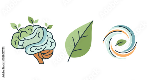 Brain with Sprouts Leaf and Circular Design: Nature and Growth Concepts.