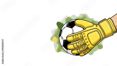 hand drawn goalkeeper glove holding a soccer ball with green splash background illustration