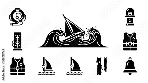 black and white sailing boat in storm waves with safety equipment icons set