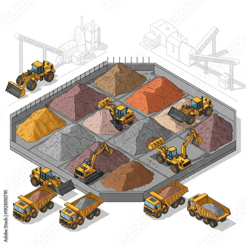 Construction site with heavy machinery and various materials.