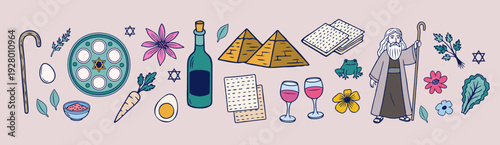 Passover Vector Illustration Set. Moses, Exodus Symbols, Matzah, Wine, Seder Plate Elements and Jewish Holiday Icon Collection