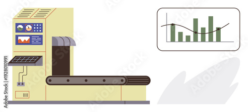 Automation, industrial processing, manufacturing efficiency, logistics, data analysis, technology integration. Conveyor belt with embedded monitor and performance chart. Automation and industrial