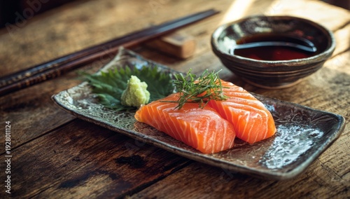 Wallpaper Mural Fresh Salmon Sashimi on Elegant Plate with Wasabi and Soy Sauce in Japanese Restaurant Setting Torontodigital.ca