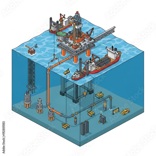 Offshore oil rig platform with underwater pipeline infrastructure.
