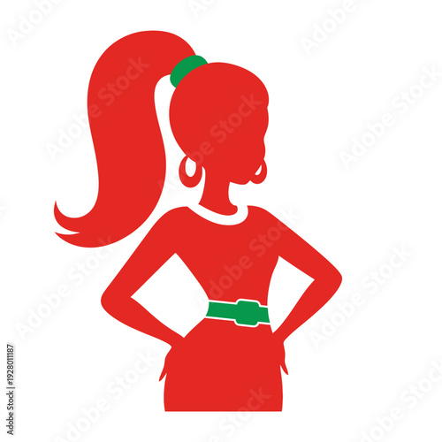 Red silhouette of a confident woman with a high ponytail and green accents on her hair tie and belt, standing with hands on hips.