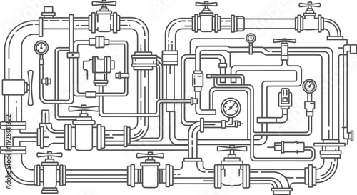 Complex industrial pipeline system with valves, gauges, and machinery, viewed from above in a technical illustration.
