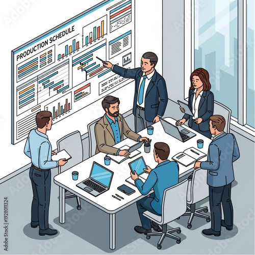 Business meeting with team discussing production schedule and strategy.