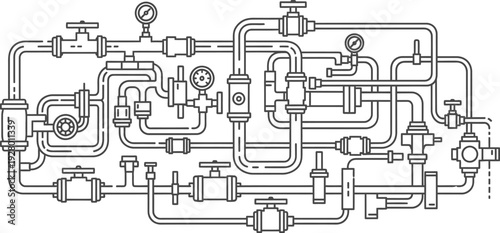 Complex industrial pipeline system diagram illustrating various valves and machinery in a technical illustration