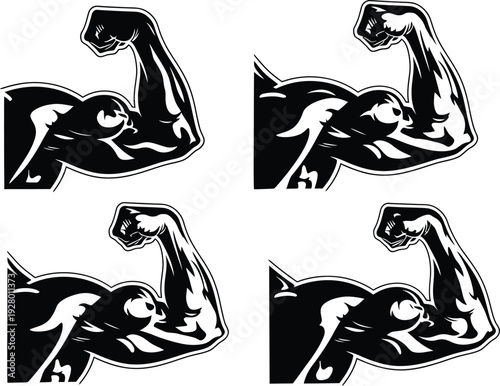 Collection of muscular arm flexing illustrations showcasing strength and power from different viewpoints