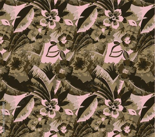 botanic seamless pattern with exotic flowers and leaves, hand drawn background. floral pattern. Tile with tropical leaf