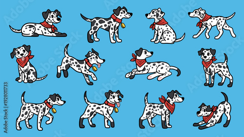 Cute dalmatian dogs vector collection. Hand drawn cartoon spotted puppies in various poses with red bandanas and collars. Funny domestic pets characters set for stickers and prints.