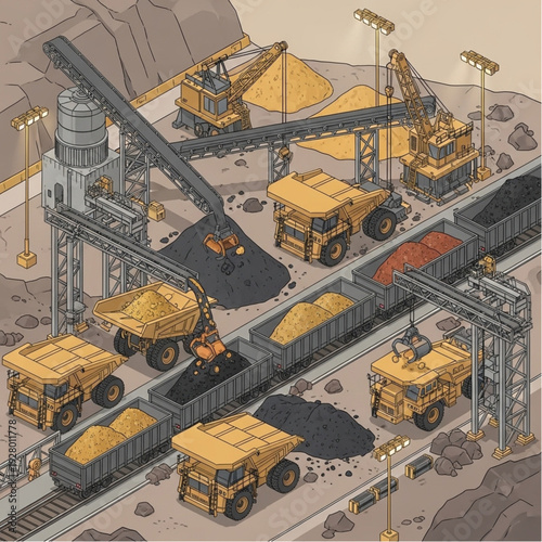 Industrial mining operation with heavy machinery and trucks.