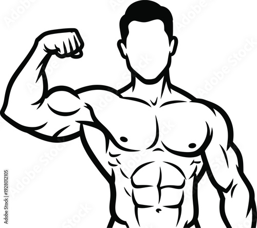 Illustration of a muscular man flexing his arm showcasing strength and physique from a frontal viewpoint