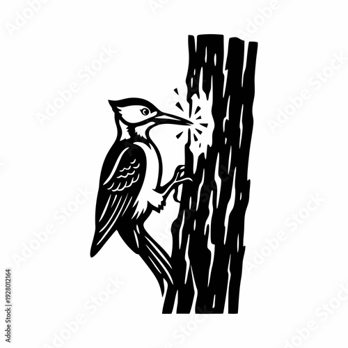 Black and white vector illustration of a woodpecker bird pecking on a tree trunk