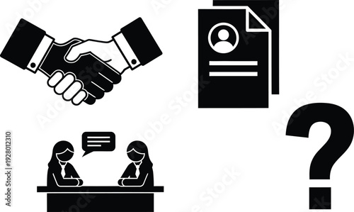 Illustration of a business meeting with handshake, document, and question mark symbolizing negotiation and inquiry