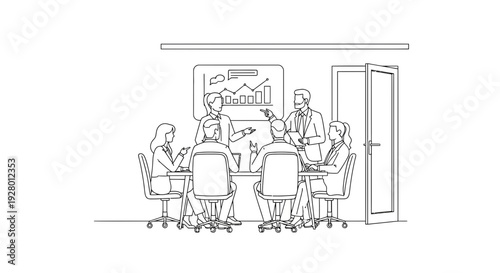 Business People Meeting in Conference Room with Whiteboard Illustration with team discussion and chairs and table in door graph on board for teamwork