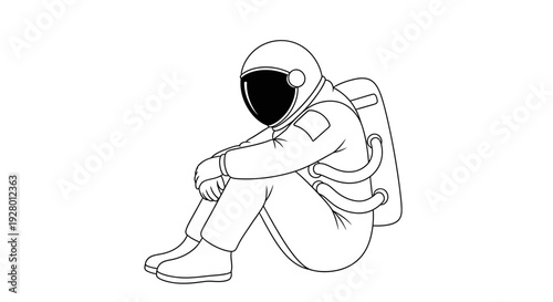 Sad Astronaut Sitting Alone in Space Suit with Backpack Isolated on White Background with line art and illustration and emotional in sorrow sadness for depression