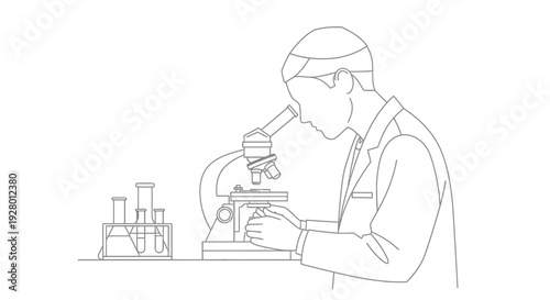 Scientist Examining Sample through Microscope in Laboratory Setting with lab coat and test tubes and science in research experiment for biology
