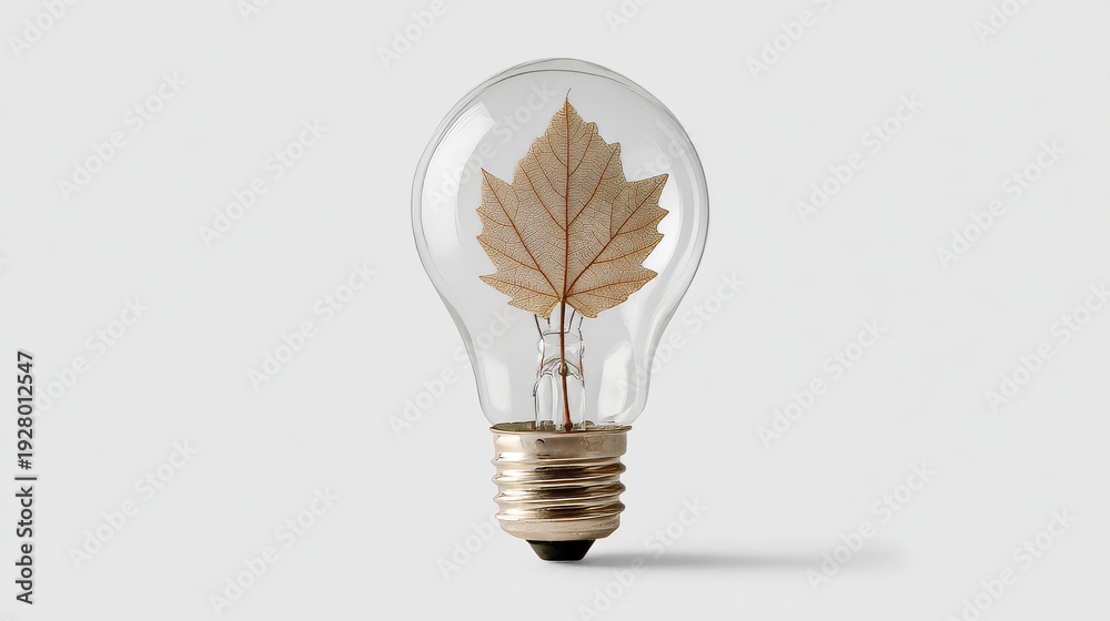 Naklejka premium Classic lightbulb with leaf filament, plain white background
