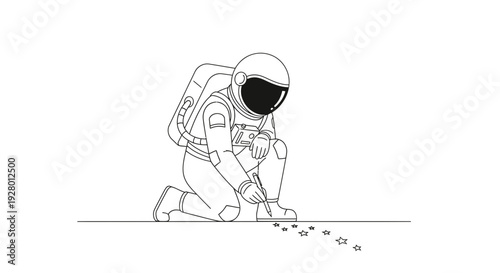 Astronaut Planting Flowers in Space Suit on Ground with Stars with galaxy and cosmos and sci-fi in futuristic illustration for line art