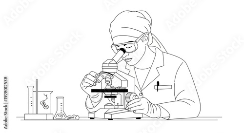 Female Scientist Examining Sample under Microscope in Laboratory Setting with lab and research and science in biology chemistry for medical