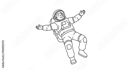Astronaut Floating in Space with Arms Outstretched in Black and White Line Art with illustration and helmet and isolated in zero gravity freedom for adventure