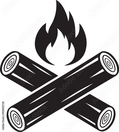 Black and white of crossed logs with a flame campfire fire wood