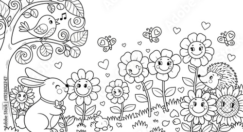 Smiling Bunny Sitting Under Tree with Flowers and Hedgehog in Garden with cartoon rabbit and line art and coloring book in whimsical cute for happy