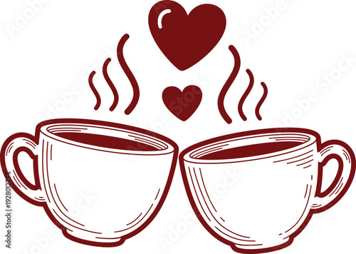 Two steaming coffee cups with hearts above them, symbolizing love and affection in a simple illustration