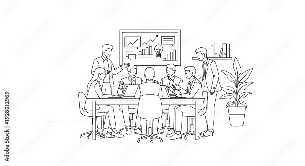Obraz premium Business People Meeting Around Conference Table in Modern Office Space with teamwork and collaboration and discussion in presentation whiteboard for graph