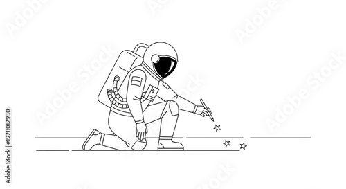 Astronaut Kneeling on Space Ground Drawing with Pencil One-Line Art with illustration and vector and helmet in backpack artistic for creative
