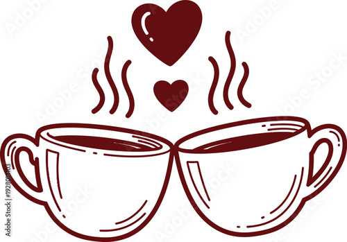 Two steaming cups of coffee with hearts above them, symbolizing love and warmth in a simple illustration