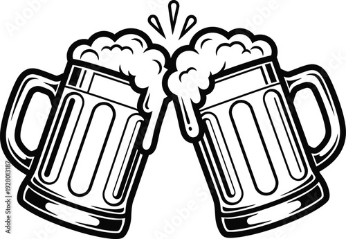 Two beer mugs clinking together in a celebratory toast with foam overflowing, viewed from a slight angle