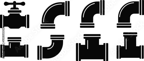 Collection of black silhouettes of plumbing fixtures and pipes from various viewpoints