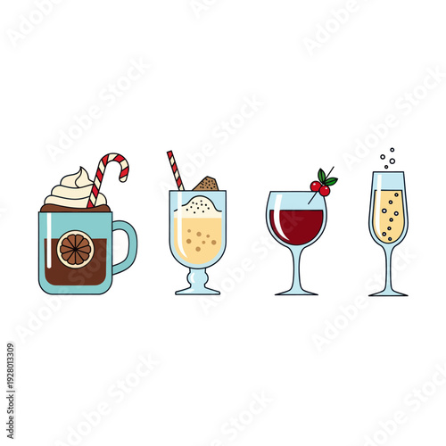 Festive hot and cold drinks flat illustration set