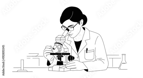 Female Scientist Examining Sample under Microscope in Laboratory Setting with woman and lab and research in science biology for chemistry