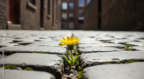 Wallpaper Mural Bright yellow flower emerges resiliently from gray cobblestones. Torontodigital.ca