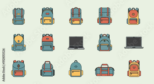 Collection of Colorful Backpacks and Laptops for Travel and School.