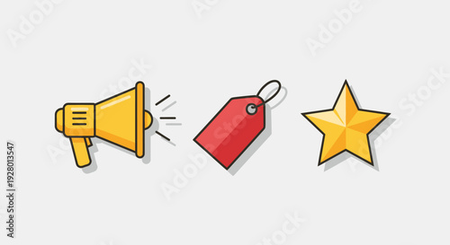 Cartoon Style Marketing Price Tag and Star Icons Set.