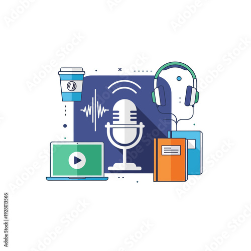 Podcast recording essentials with microphone, laptop, headphones, and books